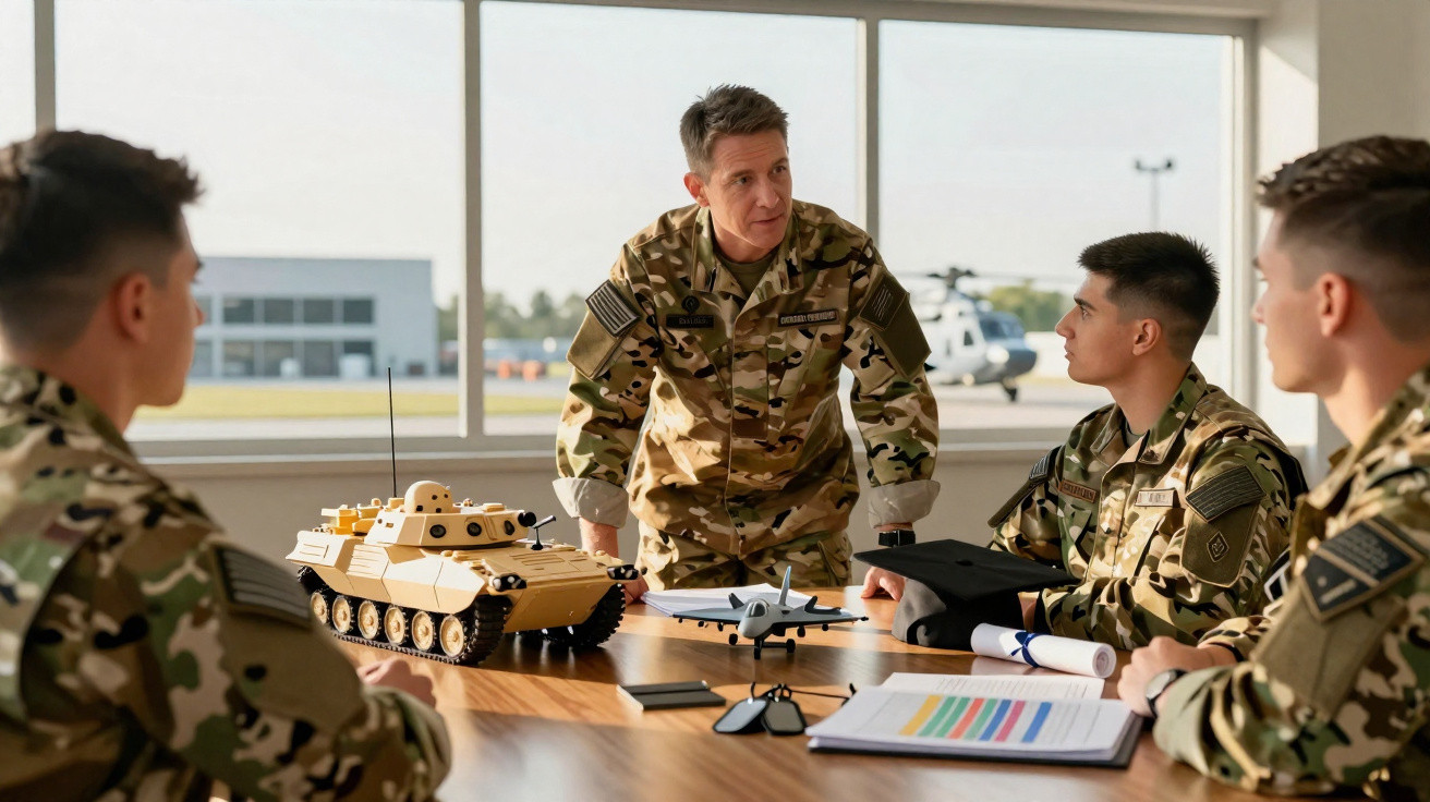 Militares em uniforme camuflado discutem estratégias com maquetes de tanque e avião em mesa de reunião.