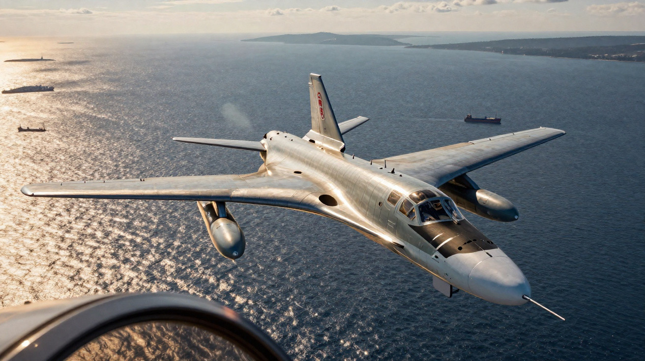 Avião militar cinza voando sobre o mar próximo a uma costa com navios ao fundo.