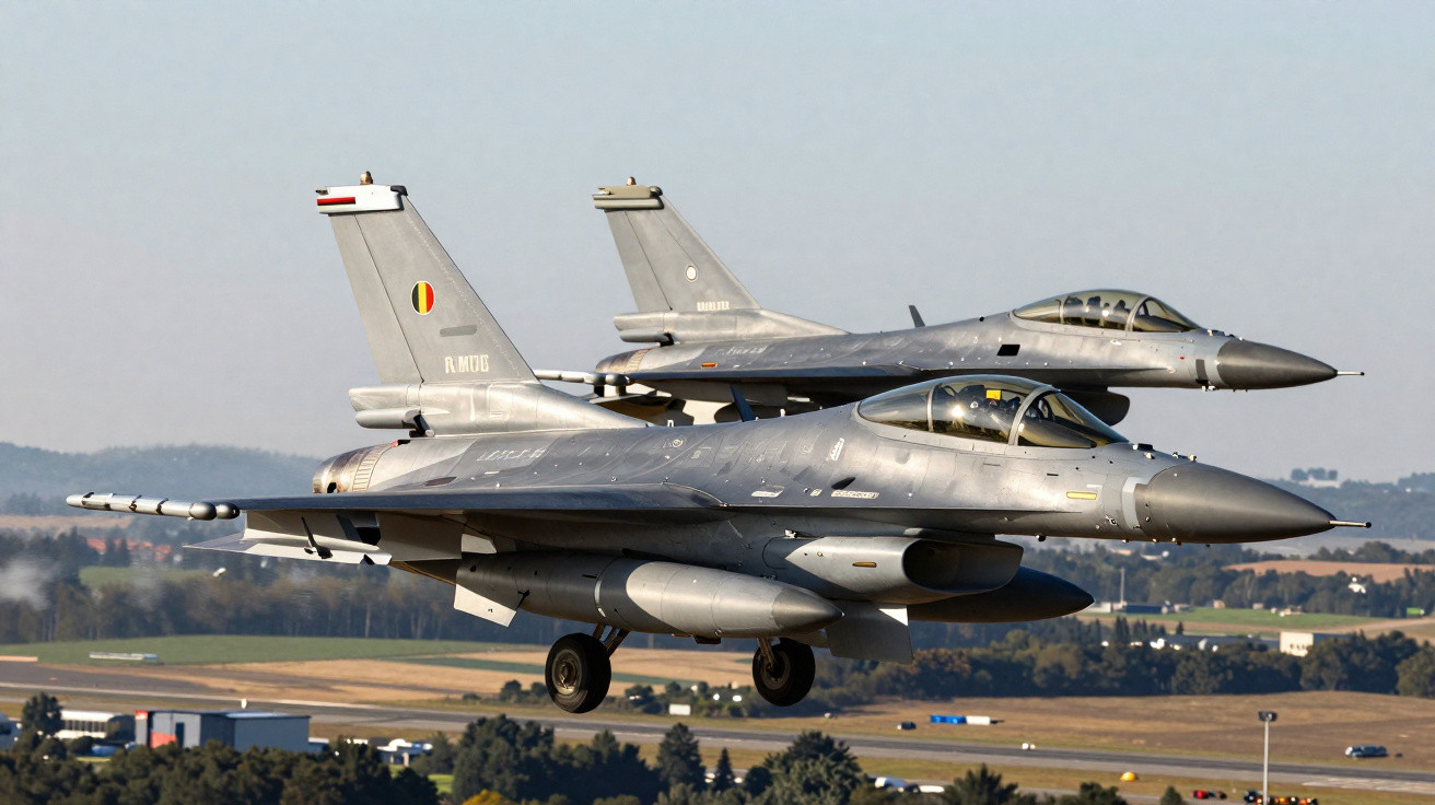 Dois caças militares F-16 em voo baixo sobre área rural com colinas ao fundo.
