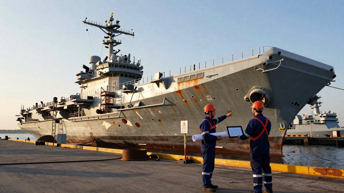Dois trabalhadores com capacetes discutem planos diante de um grande navio militar atracado no porto.