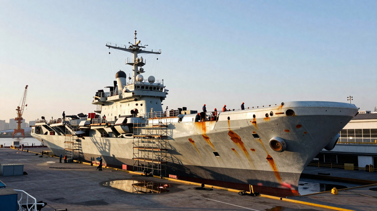 Porta-aviões cinza ancorado em doca seca com trabalhadores e ferrugem visível no casco.