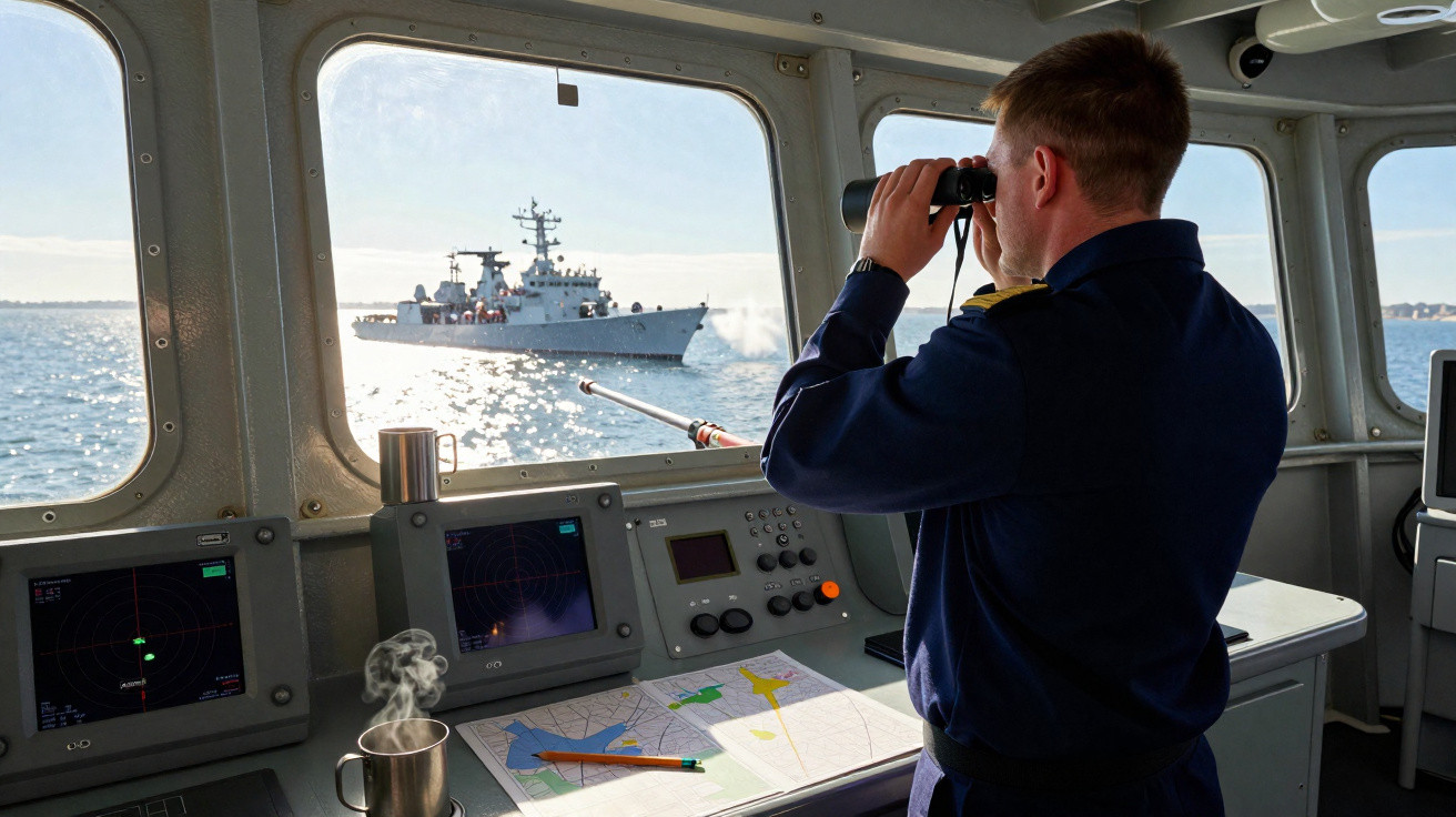 Militar observa navio de guerra pelo binóculo na ponte de comando de um barco, com mapas e equipamentos à frente.