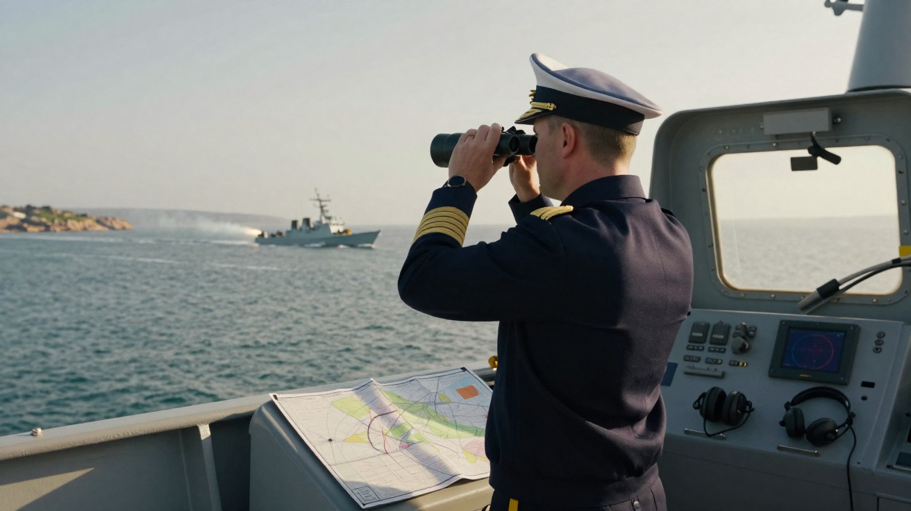 Oficial da marinha observa com binóculos embarcação no mar durante patrulha naval.
