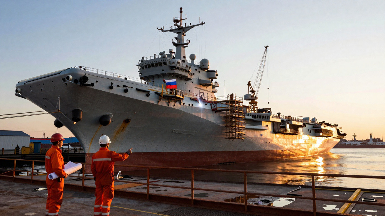 Dois trabalhadores de capacete obseram navio de grande porte com bandeira da Rússia atracado ao pôr do sol.