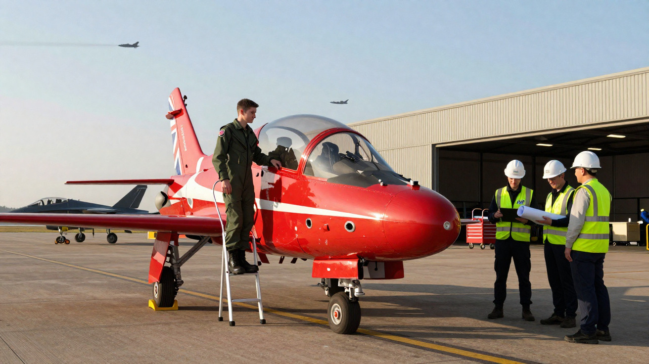 Piloto de uniforme verde sobe em escada para entrar em avião vermelho estacionado no hangares, com três homens de colete e ca