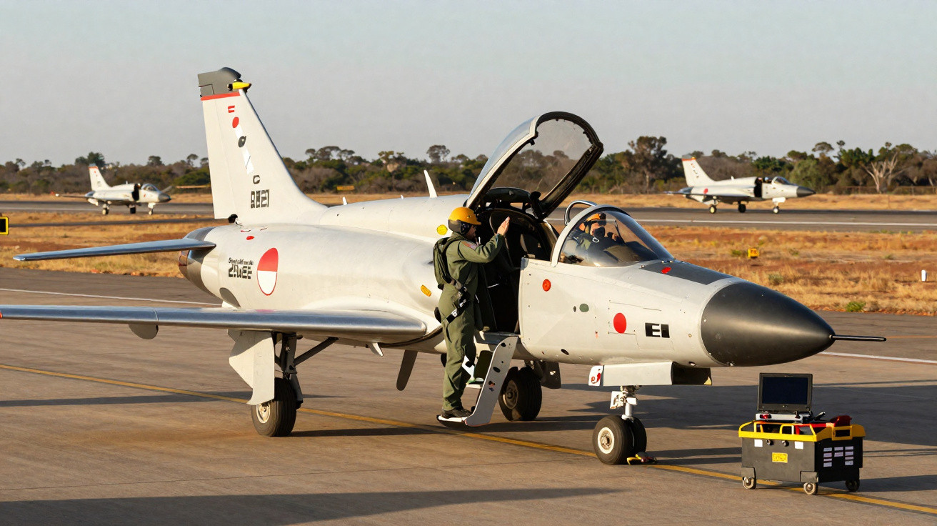 Avião militar branco no solo com piloto entrando na cabine e equipamento eletrônico próximo.