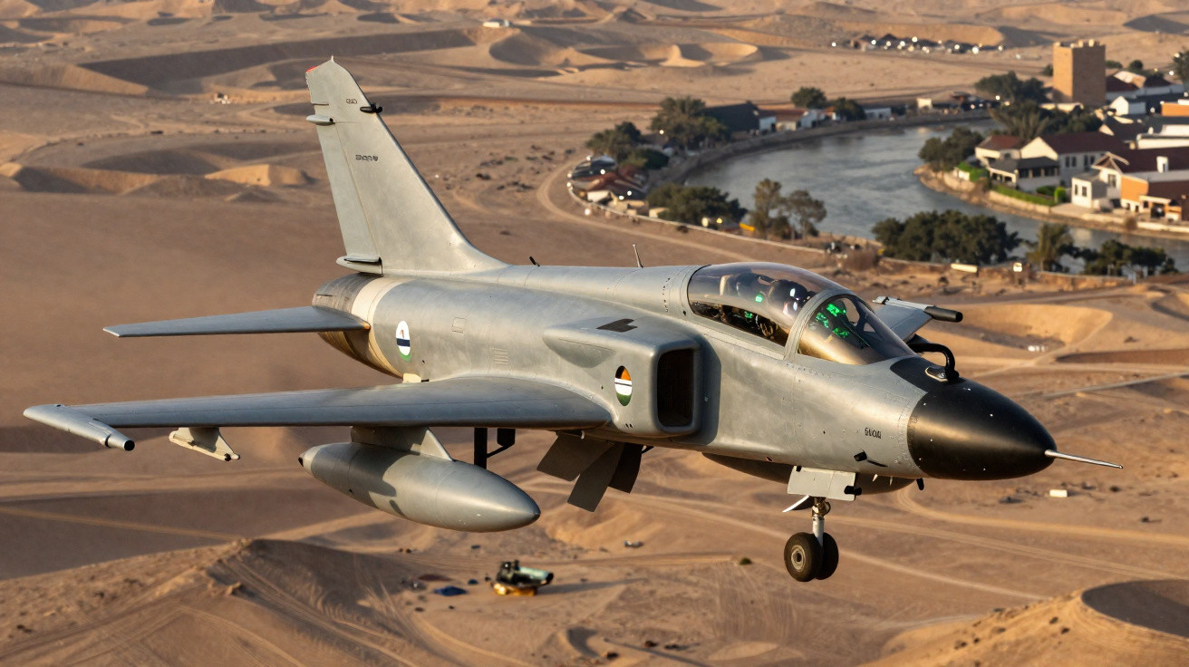 Avião militar de caça cinza voando sobre região desértica com casas ao fundo.