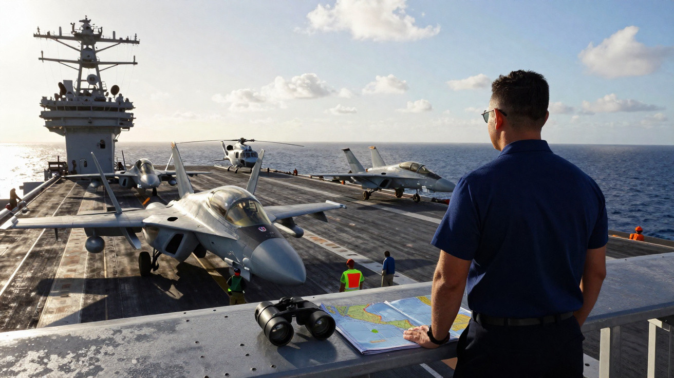 Homem com uniforme naval observa porta-aviões com caças e helicóptero no convés ao pôr do sol.