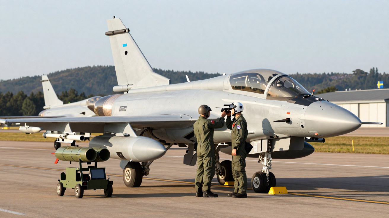 Caça militar estacionado com dois pilotos ajustando equipamentos na pista de decolagem.