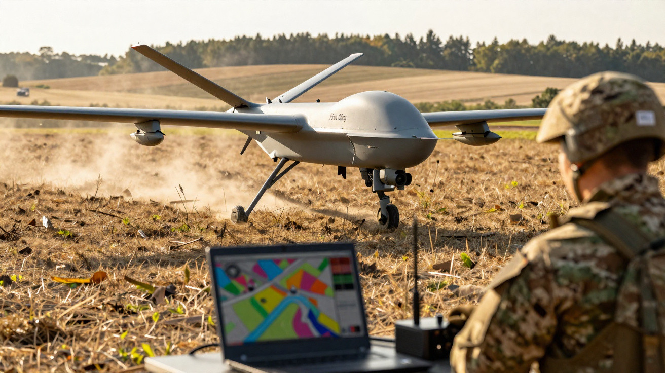 Drone militar cinza pousando em campo aberto enquanto soldado opera controle via laptop colorido.