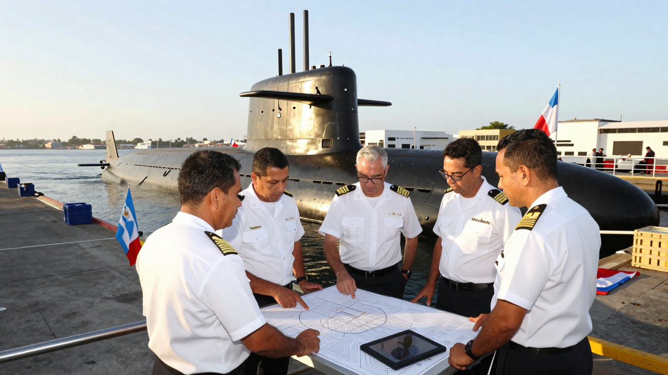 Cinco oficiais navais discutem planos ao ar livre próximo a um submarino ancorado no porto.