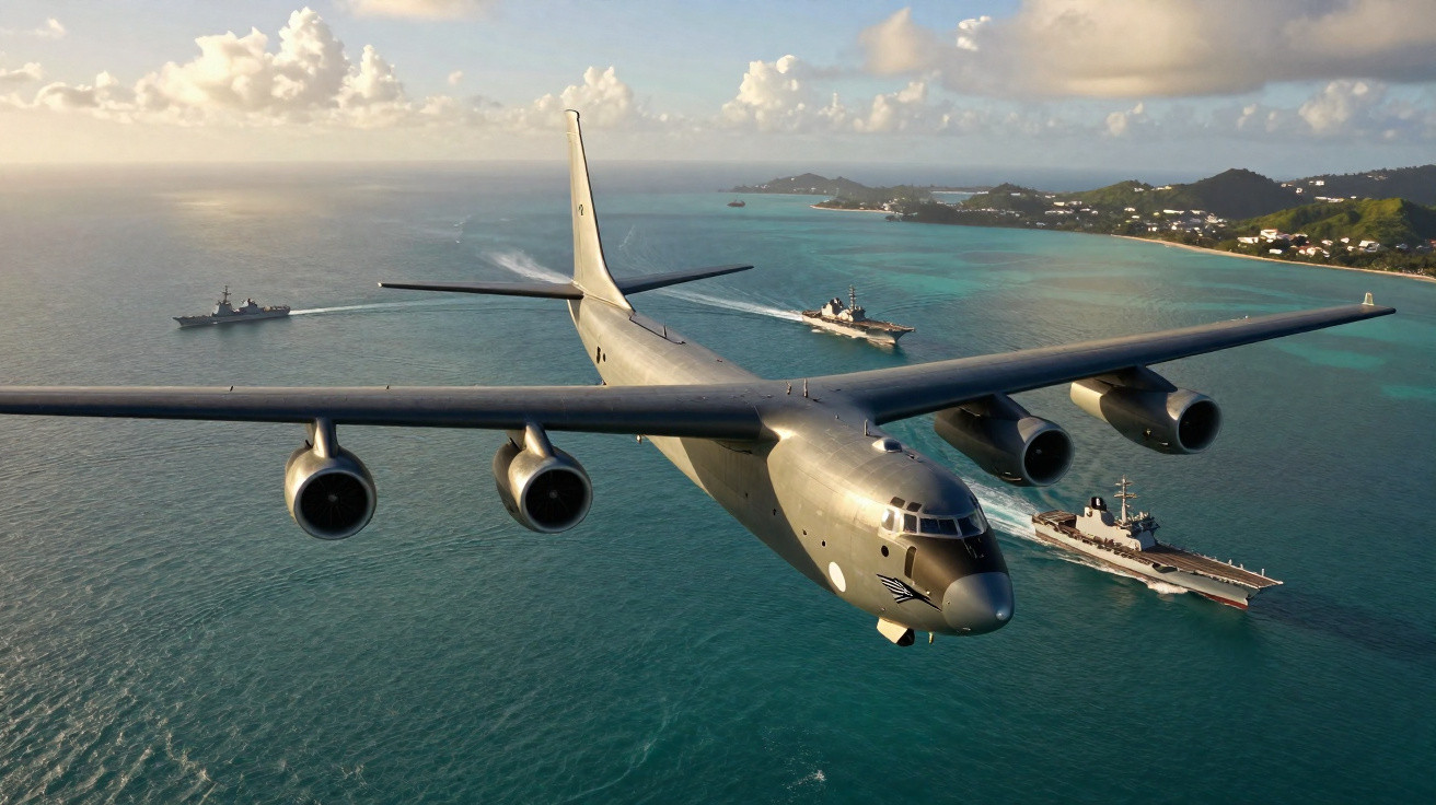 Avião militar voando sobre o mar com três navios de guerra próximos à costa ensolarada.