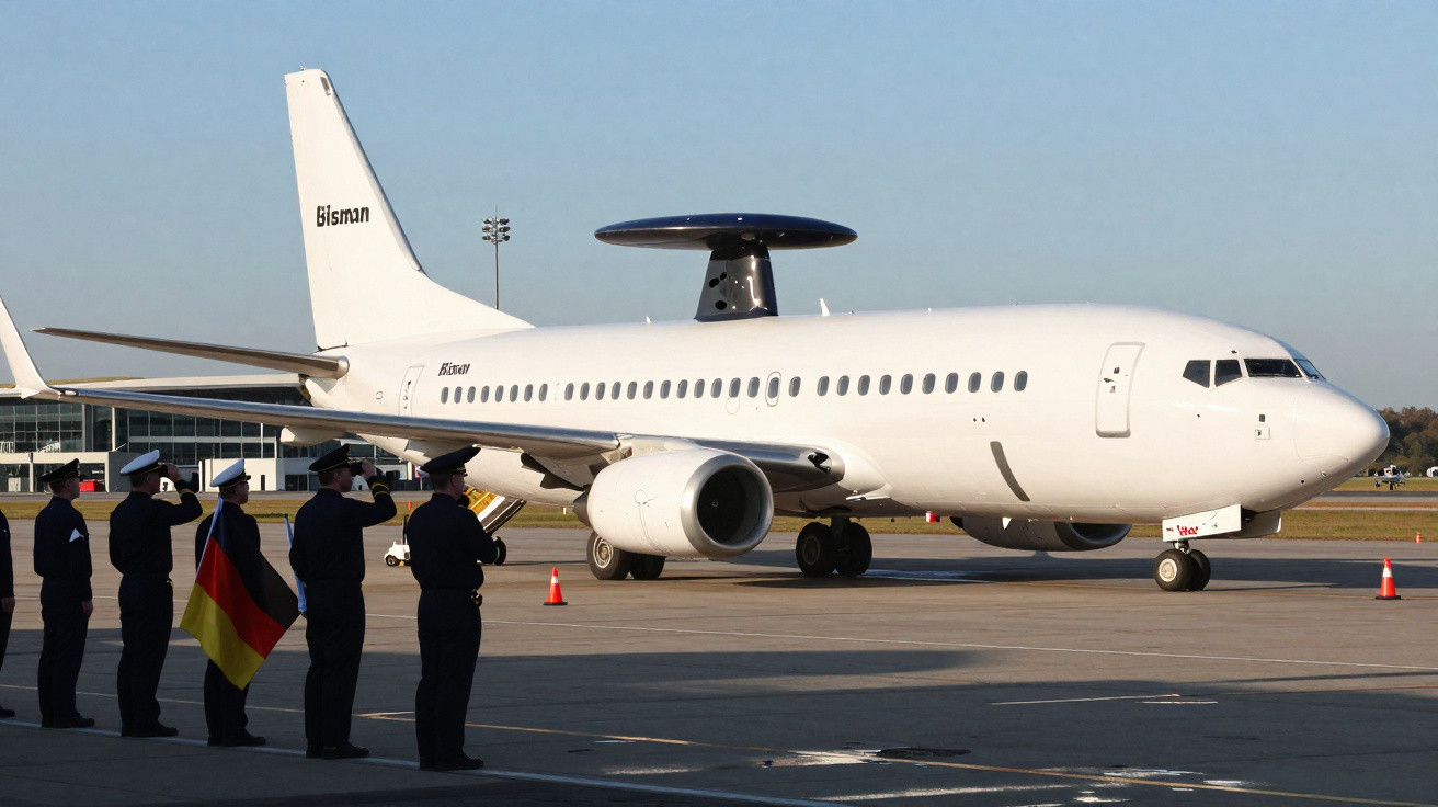 Avião militar branco com radar acima, com oficiais em uniforme fazendo continência na pista.