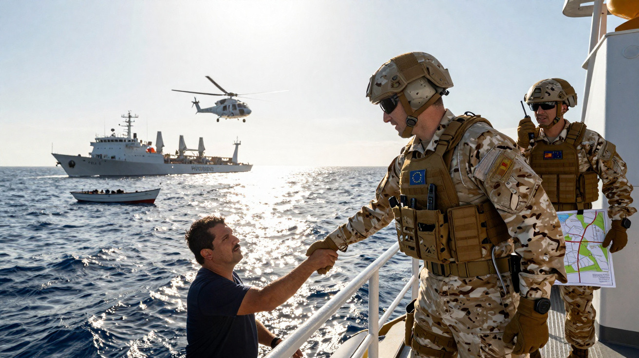 Militares em uniforme camuflado auxiliam homem a subir em barco no mar durante operação marítima com navios e helicóptero ao 
