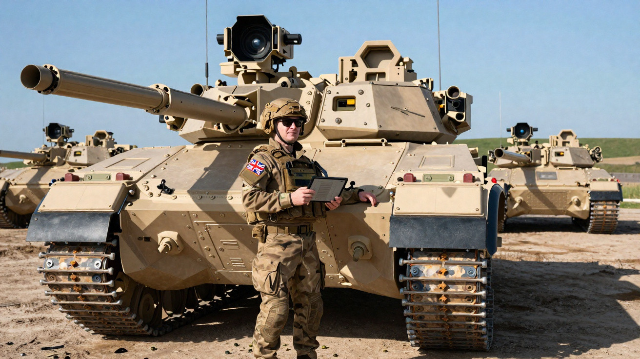Soldado britânico em uniforme de combate com tablet em frente a tanque de guerra sanduíche em campo aberto.