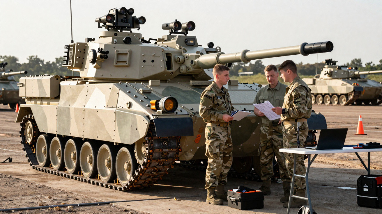 Três soldados em uniforme camuflado conversam ao lado de um tanque de guerra em ambiente de treinamento ao ar livre.