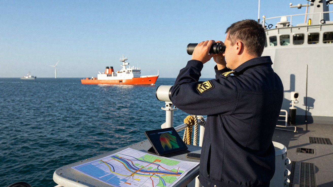 Marinheiro observa navio laranja ao longe usando binóculos em navio com mapas e tablet sobre mesa.