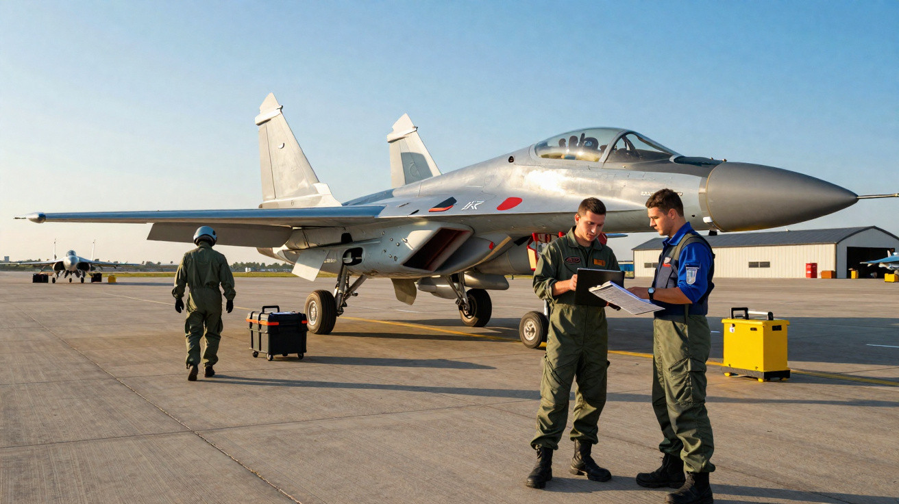 Caças militares em pista de aeroporto com dois tripulantes revisando documentos em frente a aeronave.