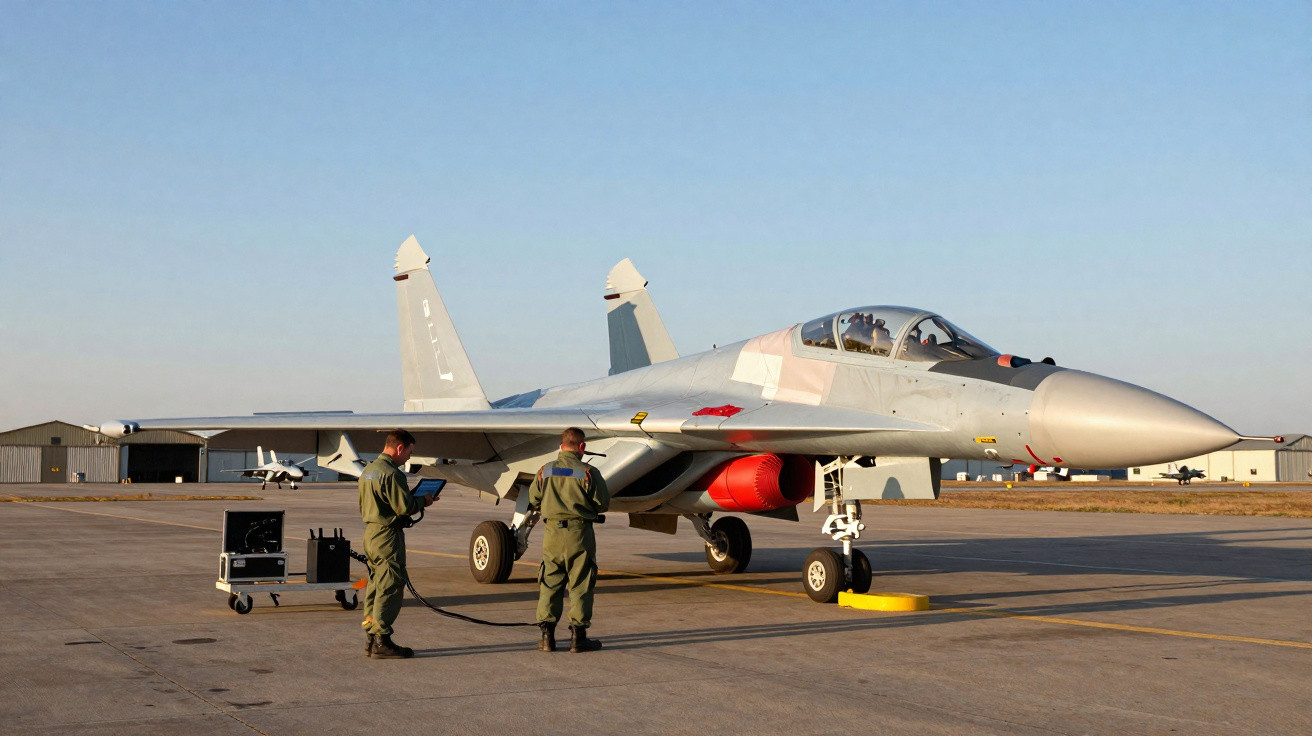 Jato militar cinza estacionado em pista com dois pilotos uniformizados ao lado realizando manutenção.