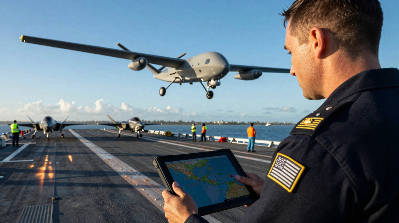 Homem em uniforme controla drone militar com tablet enquanto aeronave pousa em porta-aviões.