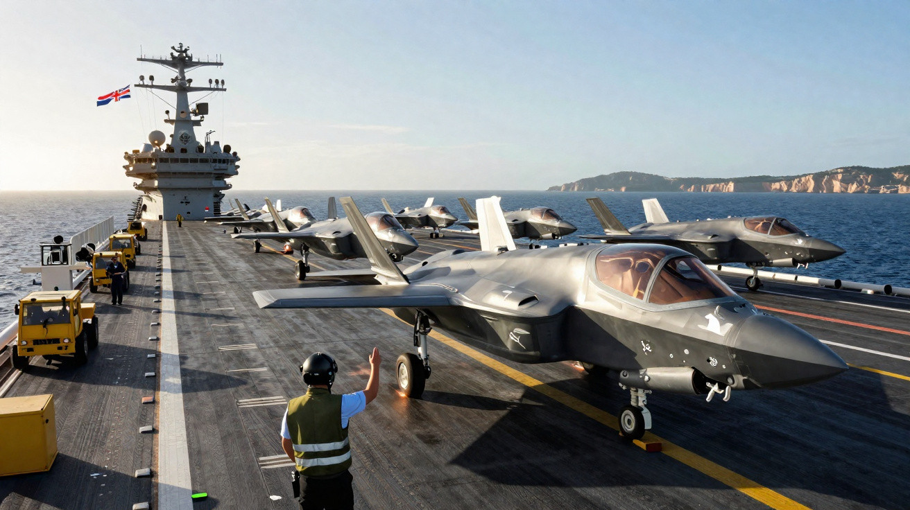 Porta-aviões com cinco caças F-35 prontos para decolagem, céu limpo e costa ao fundo.