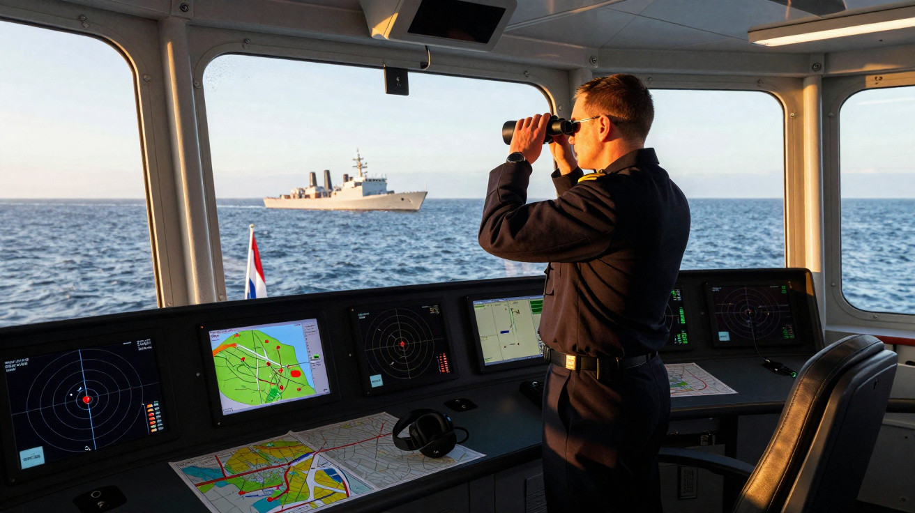 Homem em uniforme naval usando binóculos no convés de comando de navio com radar e mapa eletrônico.