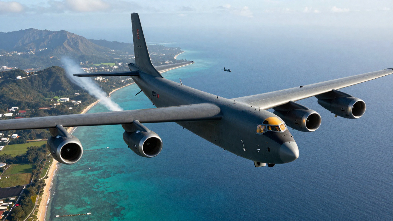Avião militar voando sobre o oceano com costa e montanhas ao fundo em dia claro.