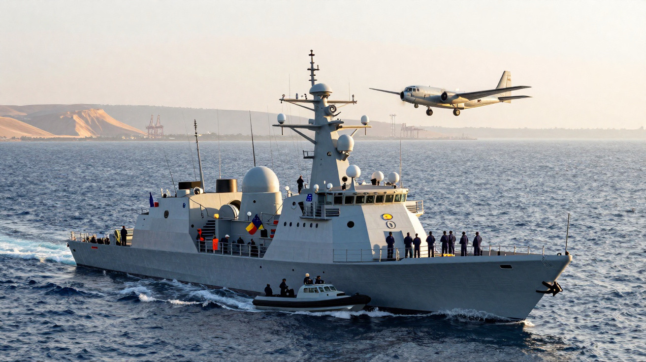 Navio de guerra cinza no mar com pessoas a bordo e avião voando próximo ao horizonte durante o dia.