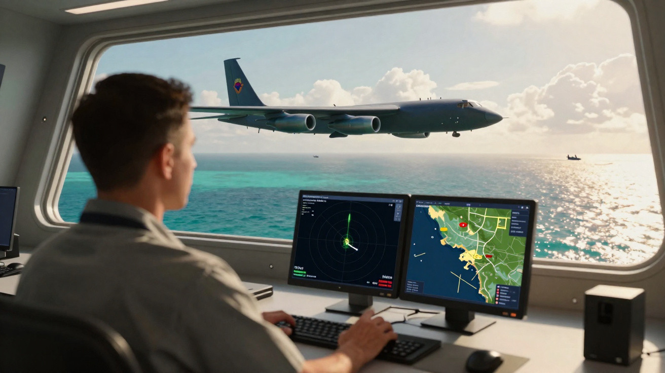 Homem monitora radar e mapa em computador com avião militar voando sobre o mar ao fundo.