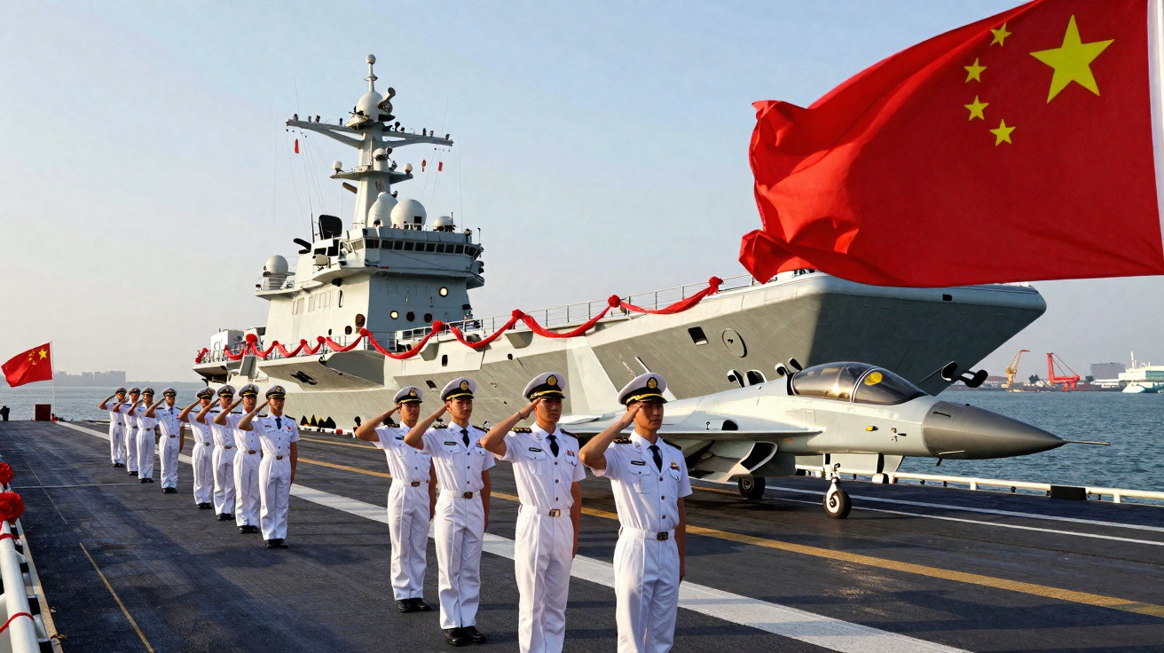 Militares chineses em uniforme branco saudando no convés de um porta-aviões com bandeira da China.