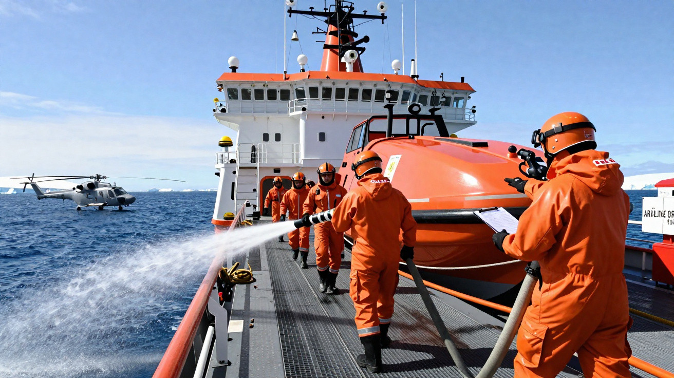 Equipe de resgate em roupas laranja realiza treinamento com mangueira de água em navio no mar.