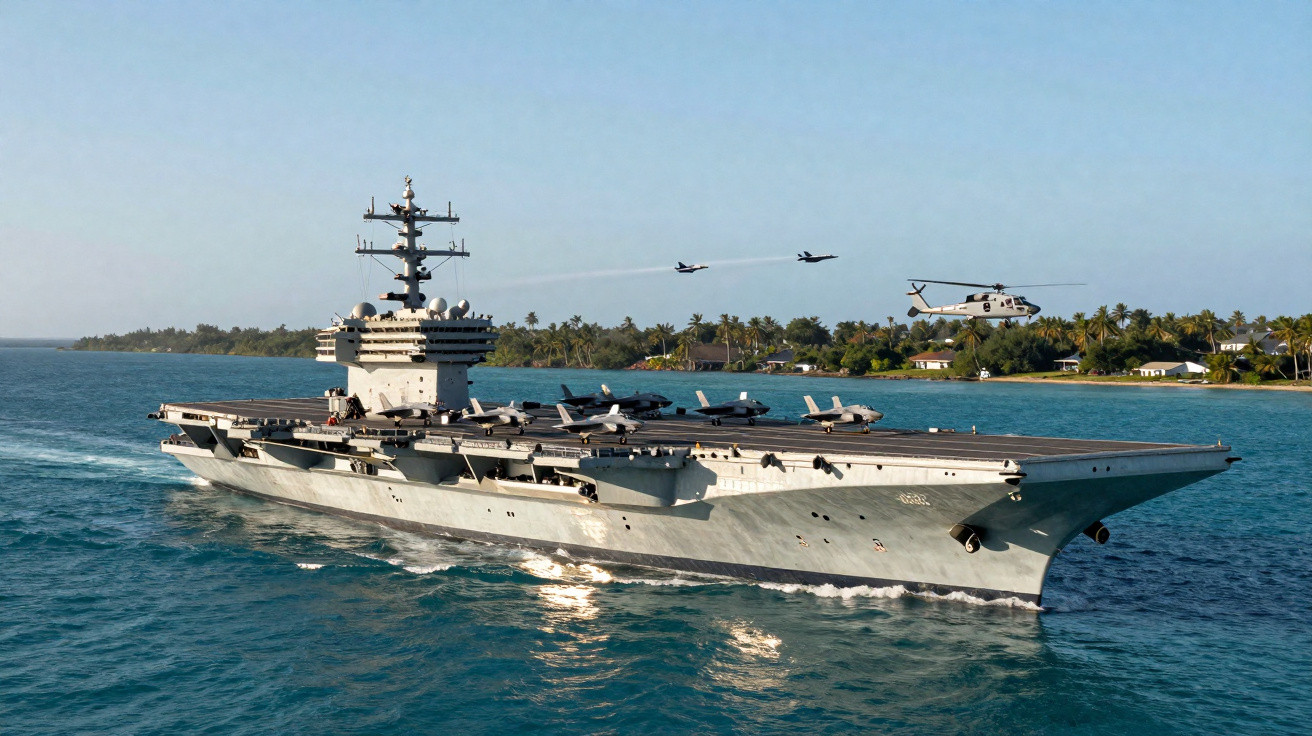 Porta-aviões naval em mar aberto com jatos no convés, dois aviões em voo e um helicóptero próximo à costa.