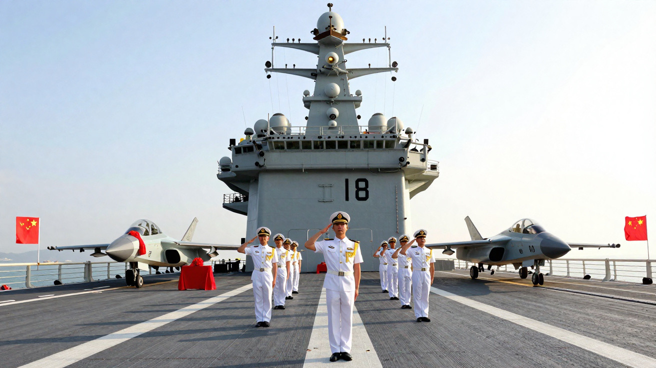 Marinheiros em formação e saudação no convés de porta-aviões chinês com caças ao fundo.