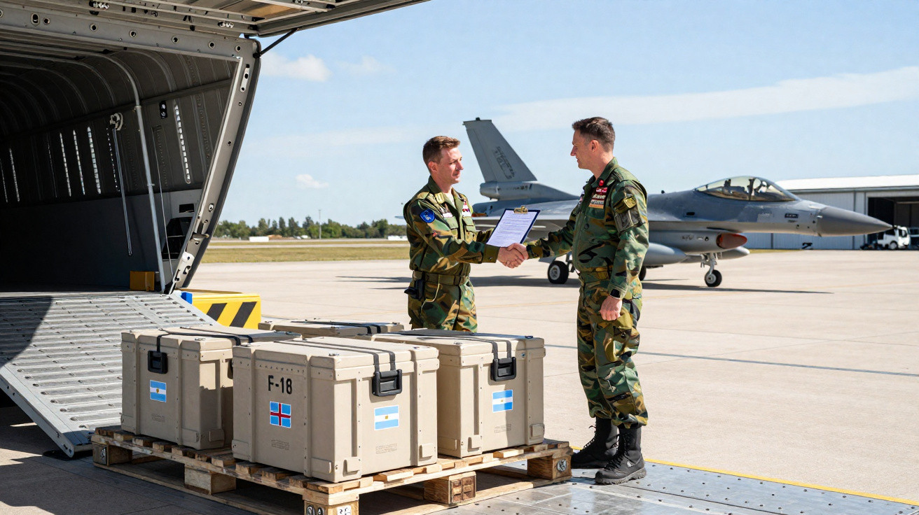 Dois militares uniformizados apertam as mãos próximo a caixas de suprimentos e um jato de caça em pista de avião.