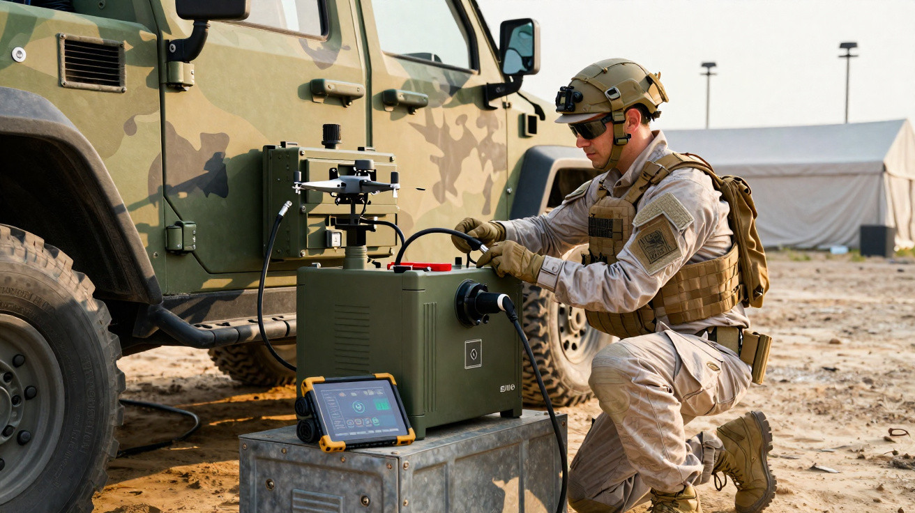 Soldado operando equipamento eletrônico ao lado de veículo militar camuflado em área desértica.