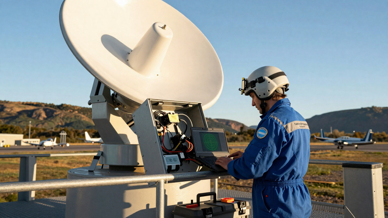 Técnico em macacão azul operando equipamento de radar com antena parabólica num aeroporto ao entardecer.