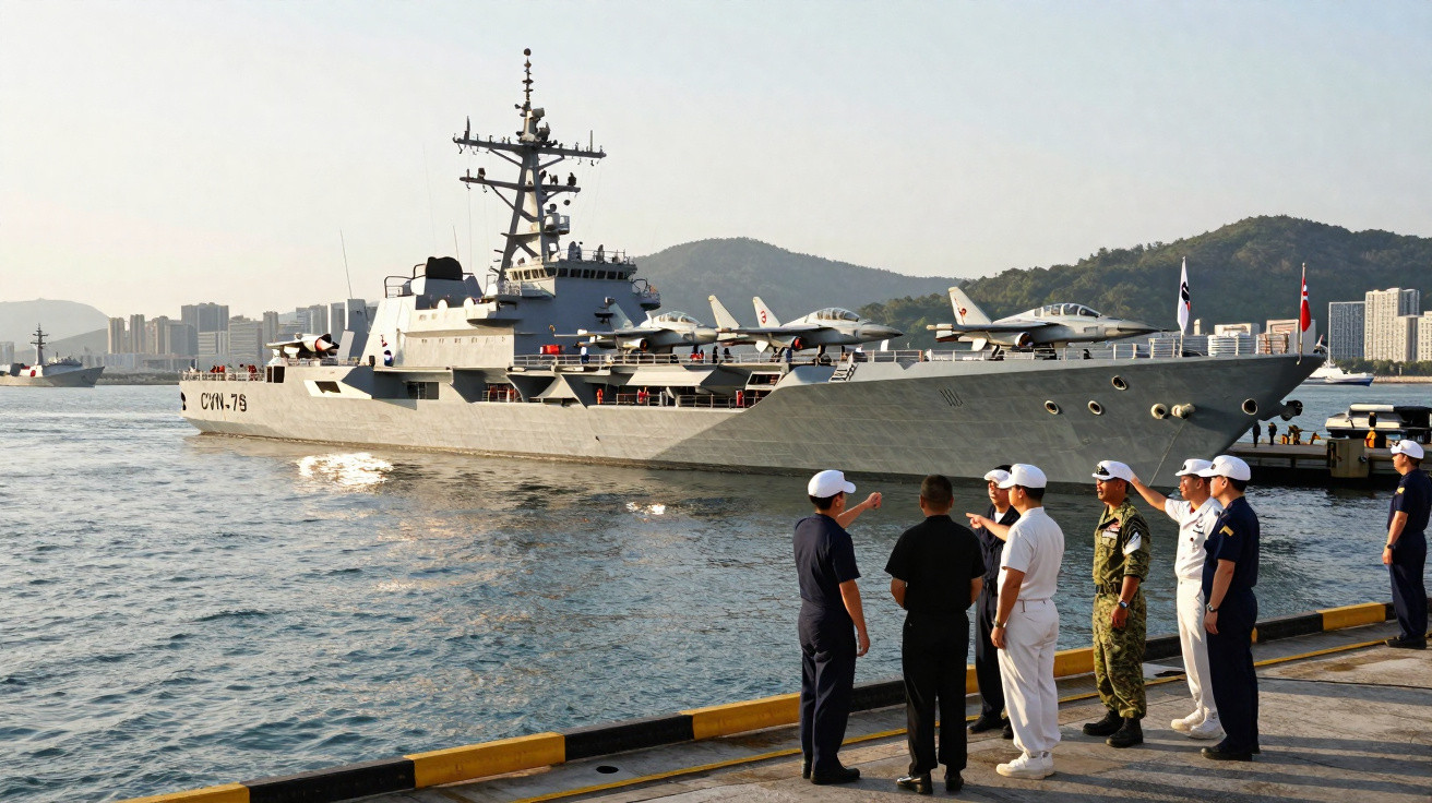 Navio de guerra atracado próximo a costa, com cinco militares conversando no cais.