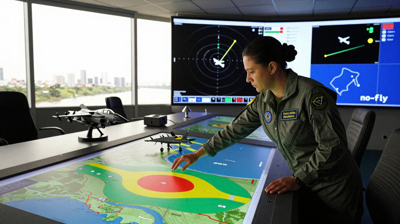 Mulher militar operando mesa digital com mapa e modelos de aviões em sala de controle.