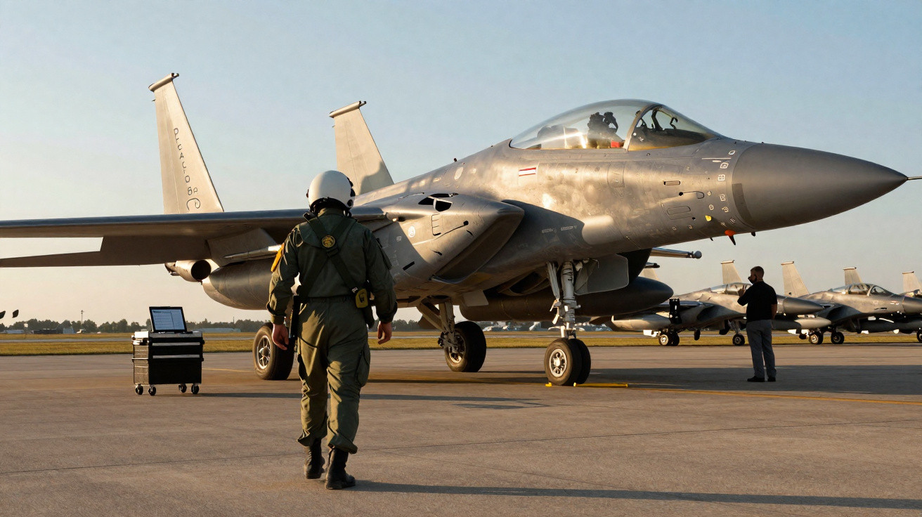 Piloto com capacete caminha em direção a caça militar estacionado em base aérea ao entardecer.