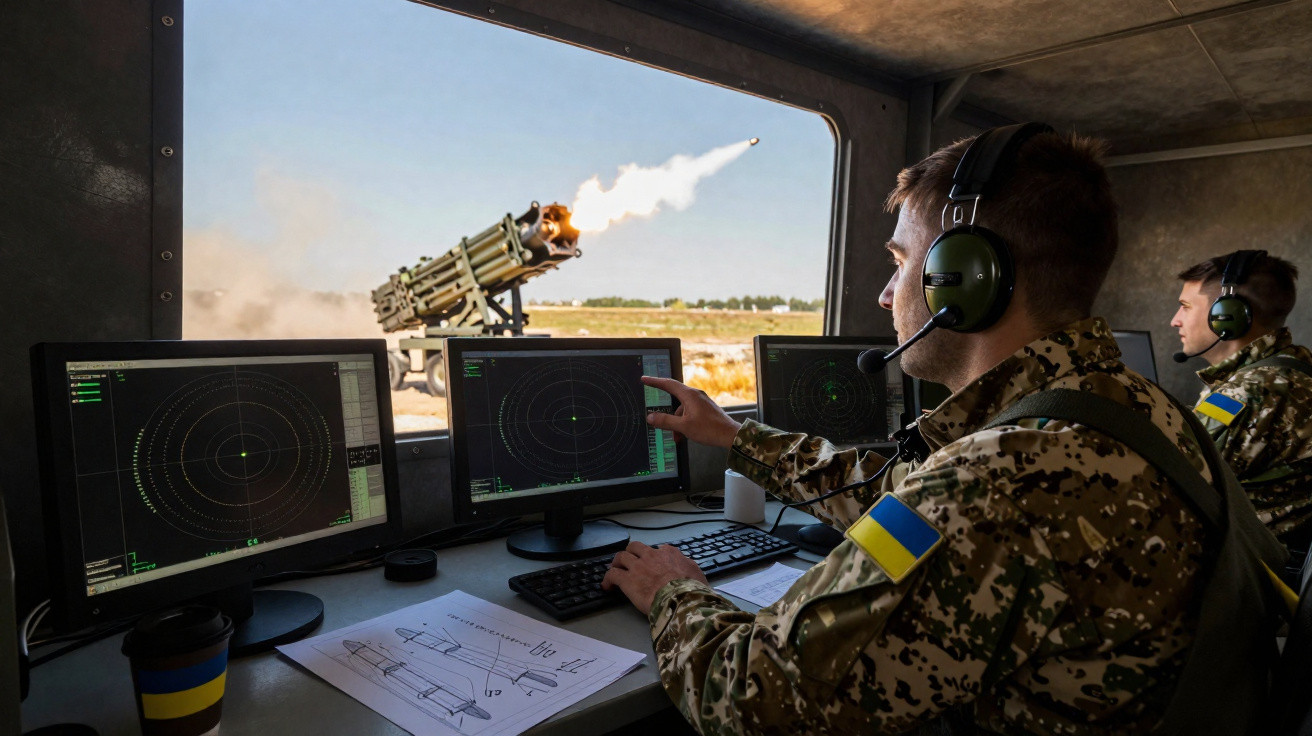 Soldados ucranianos operam sistema de lançamento múltiplo de foguetes observando radar em base militar.