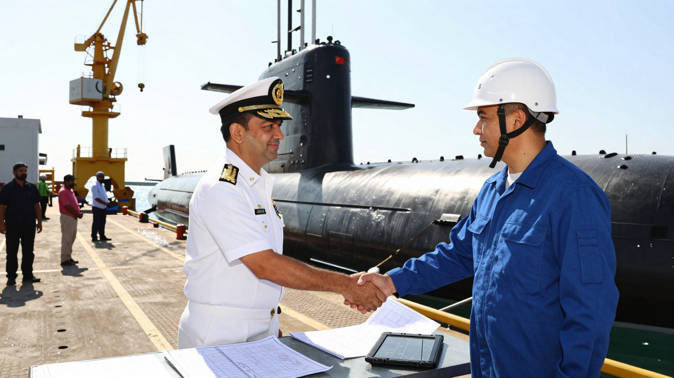 Oficial da marinha cumprimenta engenheiro em área portuária com submarino e documentos sobre mesa ao fundo.