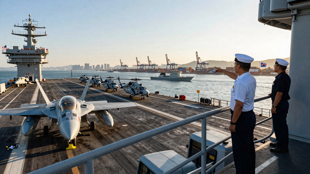 Dois militares observam do convés do porta-aviões aeronaves estacionadas e navios no mar próximo ao porto industrial.
