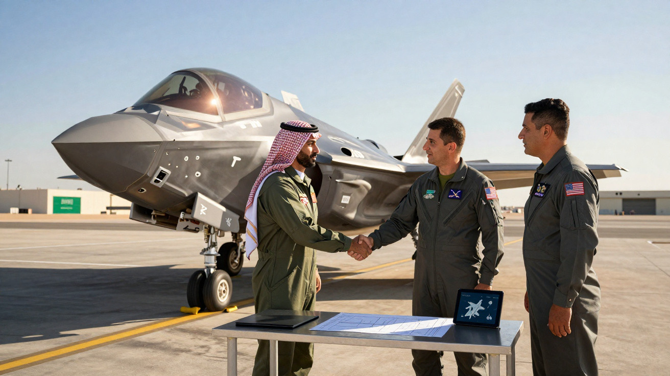 Dois pilotos militares apertando as mãos perto de um caça F-35 com um terceiro piloto observando em pista de aeroporto.
