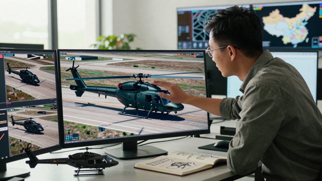 Homem analisando modelo 3D de helicóptero em múltiplas telas em escritório de design.