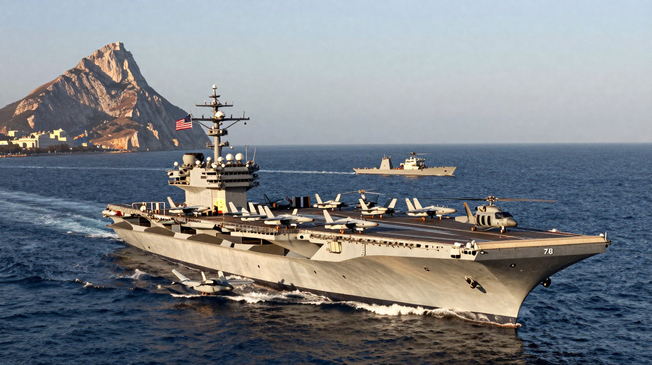 Porta-aviões militar americano navegando próximo a uma costa rochosa com navio de escolta ao fundo.