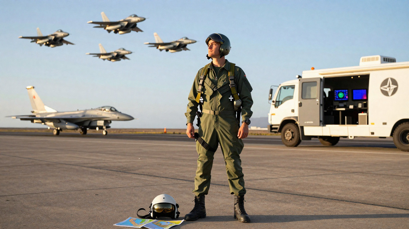 Piloto militar em uniforme com capacete no solo observa jatos de combate voando em formação no céu.