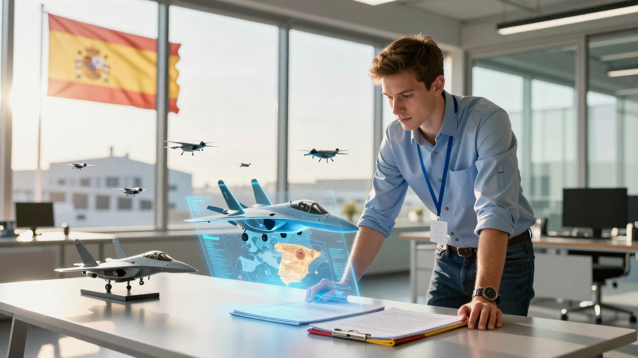 Homem analisa projeto holográfico de avião de combate em escritório moderno com bandeira da Espanha ao fundo.