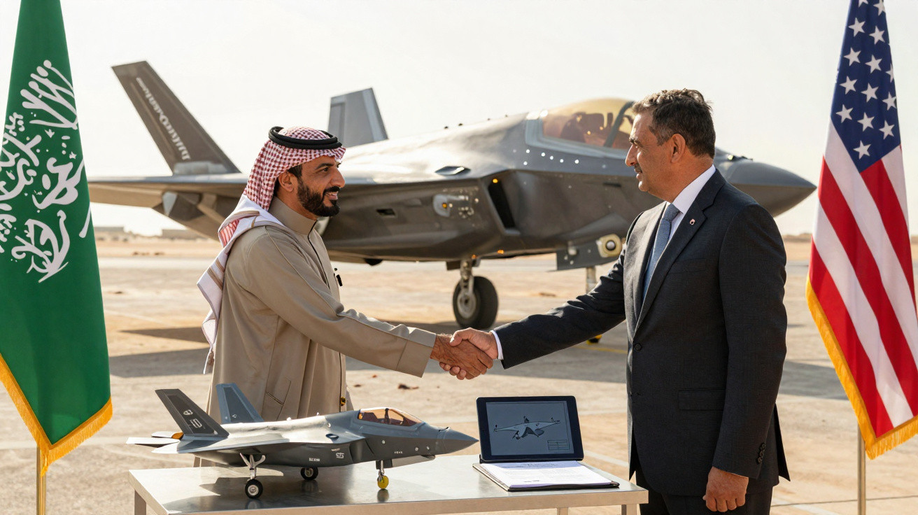 Dois homens se cumprimentam diante de duas bandeiras, um caça F-35 e um modelo em mesa ao ar livre.