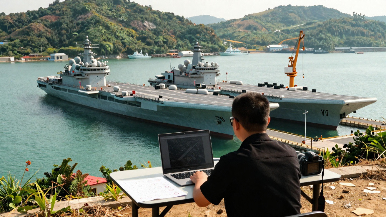 Homem trabalhando em laptop com navios militares atracados em marina ao fundo e colinas verdes.