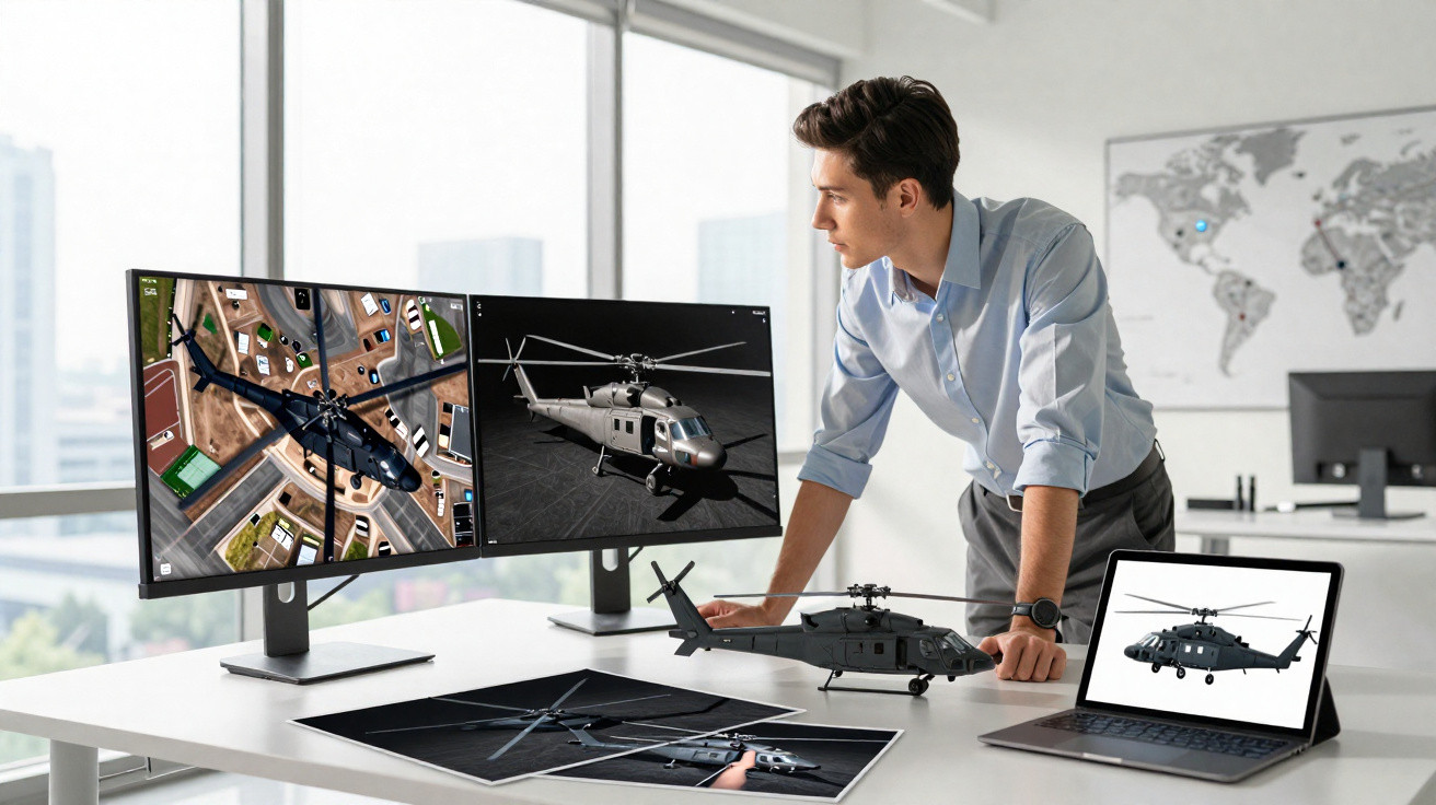 Homem em escritório analisa modelos e imagens digitais de helicópteros militares em mesa com computadores.